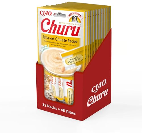 INABA Churu Püree Katzen-Leckerli - Katzenpaste zum Füttern aus der Hand - Katzensticks mit Thunfisch & Käse - 12 Packung / 48 Sticks