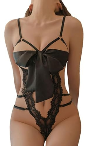 KONFEN Sexy Damen Dessous Set, Erotische Translucent Spitze Riemchen Bodysuit mit Bogen, Overall Lingerie mit Loch Reizwäsche BH und Höschen Sets, Verstellbare Offen Body Suit Unterwäsche (Schwarz)