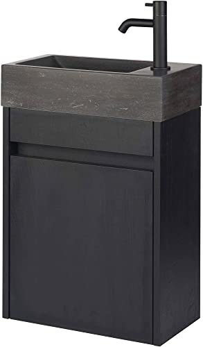 Saqu Florence Gäste WC Waschbecken mit Unterschrank Vormontiert - in Schwarz-Eiche mit Naturstein-Waschbecken und schwarzer rechter Armatur - Kleines Gäste WC Bad Möbel mit Waschtisch