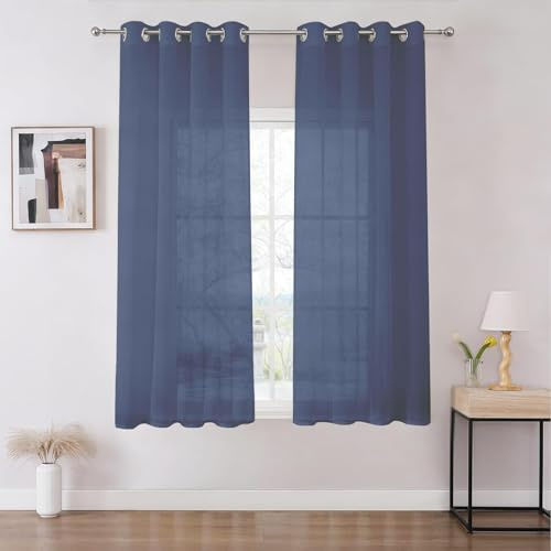 Joydeco Gardinen Kurz mit Ösen Transparente 2er Set, Optik Gardine Voile Ösenvorhang Ösenschal Durchsichtig Vorhang Kurz für Schlafzimmer Wohnzimmer Schlaufenschal (Königsblau, 2xH145xB140)
