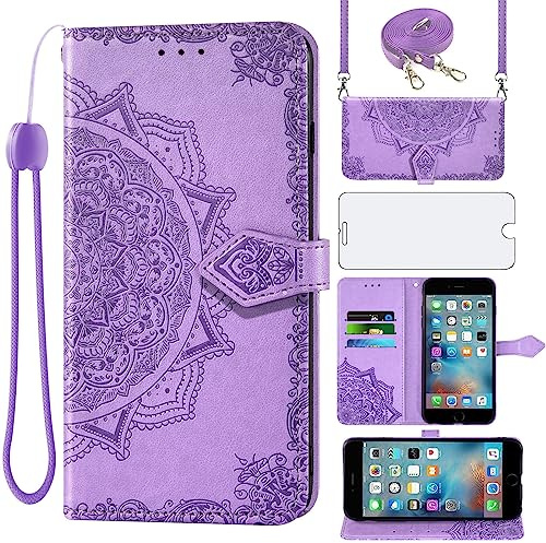 Asuwish Handyhülle für iPhone 6 Plus/6s Plus Hülle mit Band und Glas Folie Schutzfolie Kartenfach Klappbar Leder Geldbörse Ständer iPhone6sPlusHülle i 6Plus 6sPlus S S6 + 6+ 6s+ Handy Hüllen Case Lila