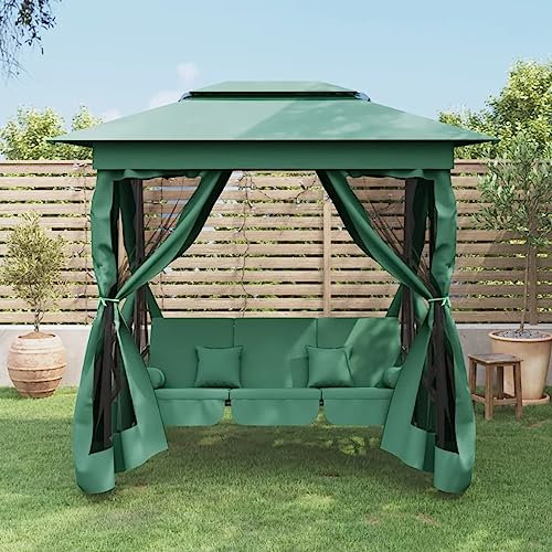 Homgoday Gazebo con Panca a Dondolo Convertibile Verde Tessuto e Acciaio, Gazebo da Giardino, Gazebo Ombrellone da Giardino Spiaggia Pesca Esterno Antivento per Arredo Giardino Terrazzo Ambienti