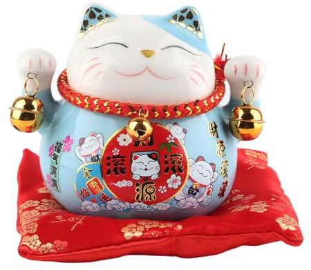 Tissting Lucky Cat Money Box, 4.5in/12cm Ceramic Maneki Neko Cat with 2 Bells, Blue Fengshui Cat Feng Shui Decor for Birthday Christmas New Year