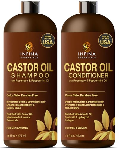 Castor Oil Shampoo and Conditioner Set for Hair Growth with Rosemary & Peppermint Oil - Cleanse Hair, Strengthen & Shine with Castor Shampoo and Conditioner - Anti-Hair Loss for Men & Women - 16 fl oz