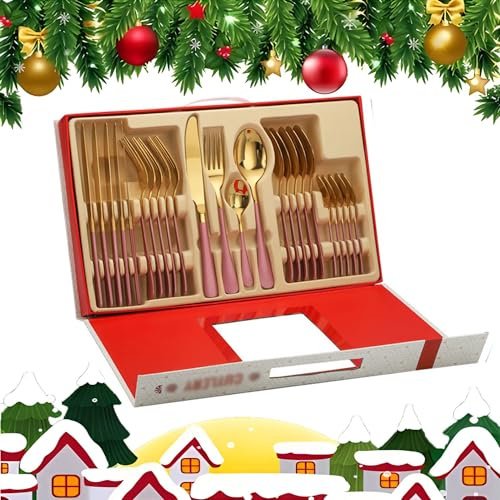 christmas cutlery set-6pcsGift package complete set of 24 pieces of tableware, suitable for eating steak, pasta and French fries, comfortable grip coffee shop tableware(Color:1)
