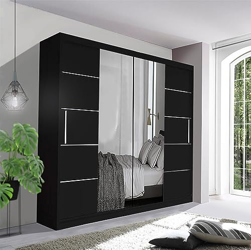 German Sliding Wardrobe Spacious Bedroom Sliding Wardrobe - Sleek and Functional Design comes in White/Grey/Black/Oak and Width 150cm/180cm/203cm/250cm (Black, 203cm)
