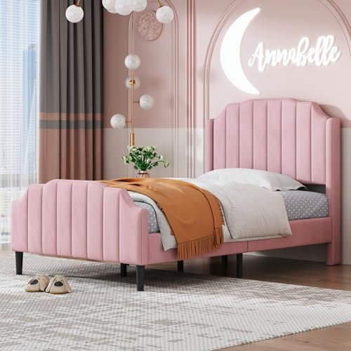 ZUUYEE Polsterbett 90x200 cm, Kinderbett Bettrahmen mit Kopfteil und Lattenrost, Samt Gepolstertes Einzelbett Jugendbett Gästebett, Bett 90x200, Rosa