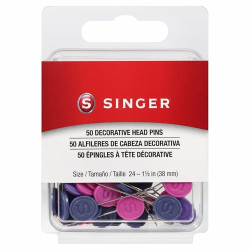SINGER Decorative Flat Head Pins, Size 24, 50 Count: Assorted Colors, Rust-Resistant Nickel-Plated Steel Pins for Sewing, Quilting, and Crafts