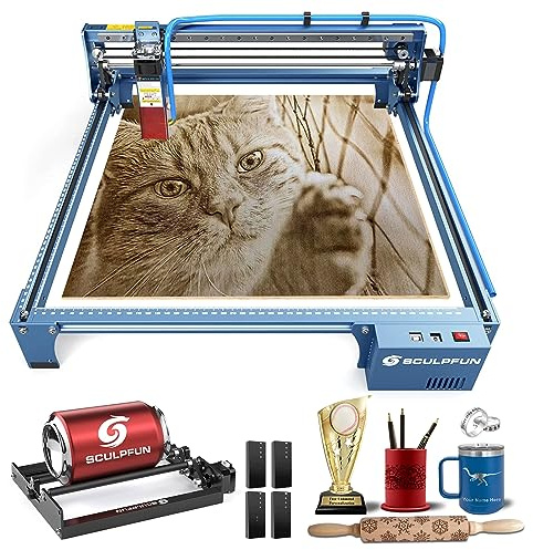 SCULPFUN Máquina de grabado láser de 10 W con rodillo de grabado láser, rodillo giratorio para vasos cilíndricos, corte profesional y grabado madera, metal acrílico, protección ocular, 410 x 400 mm