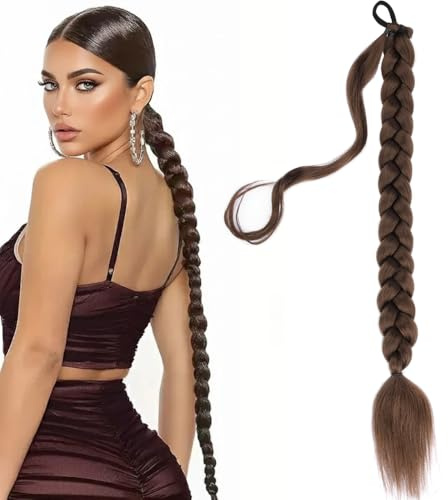 Gledola Lange Geflochtene Pferdeschwanz Verlängerung 30 Zoll Pre Stretched Flechten Haar Extensions DIY Geflochtene Pferdeschwanz Synthetische Haar Stück (Dunkelbraun, 30 Zoll)