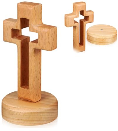 Vokowin Wooden Cross Tabletop With Base Standing Jesus Christ Catholic Wall Cross for Home Decor Christmas Party House Warming, Wedding (K401-1)