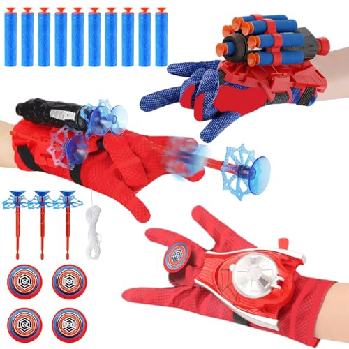 DAIREN Lot de 3 Gant de Lanceur Spider Jouet,Gant de Lanceur pour Spider Jouets de Poignet,Lance Toile Spider,Gants pour Enfants Spider, Gants de déguisement avec ventouses, fléchettes et Frisbee