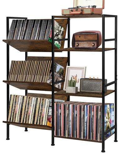 TQVAI Grand support de lecteur de disques vinyles pouvant contenir 200 albums, table tournante avec étagères de rangement, 3 étagères en bois, vitrine
