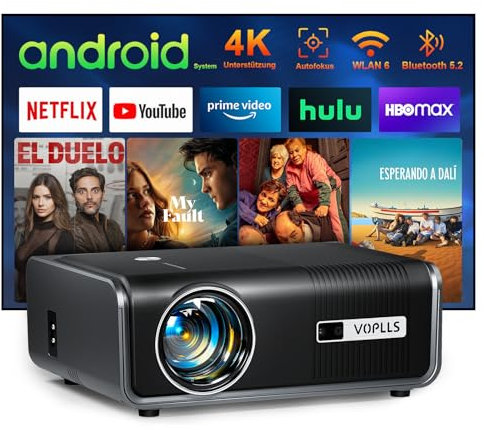 Smart Beamer【Netflix Official/Autofokus Trapezkorrektur】 Full HD 1080P 30000L Beamer 4K Unterstütz, VOPLLS WIFI6 Bluetooth Heimkino Video/Outdoor Beamer für Android/iPhone/Handy Projektor mit Stativ