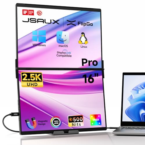 JSAUX FlipGo Pro 16 Extension Triple d’Écran pour Ordinateur Portable, 2.5K Double Moniteur pour PC Portable Triple Écran pour Windows/macOS, Connexion Via Un Seul câble/Design Magnétique/DisplayLink