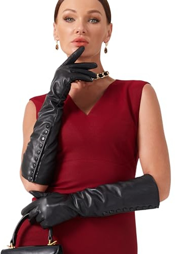 VIKIDEER Side Button Long Leather Gloves for Women with Plush Lining Warm Elegant for Evening Opera or Daily Black X-Large