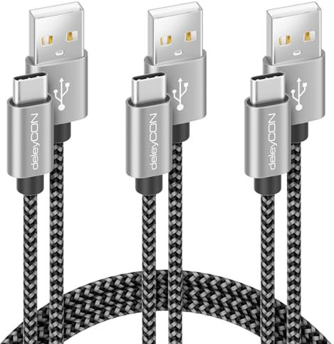 deleyCON SET di Cavi USB-C (3 Pezzi - 0,5m 1m 2m) Nylon Cavo di Ricarica Cavo Dati USB Tipo C Spina in Metallo Ricarica e Sincronizzazione del Telefono Cellulare e Dello Smartphone