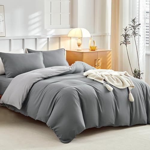 Tokokimo Parure de lit double 4 pièces en microfibre ultra douce, housse de couette, taies d'oreiller, drap-housse profond (épaisseur matelas 40 cm), Gris foncé