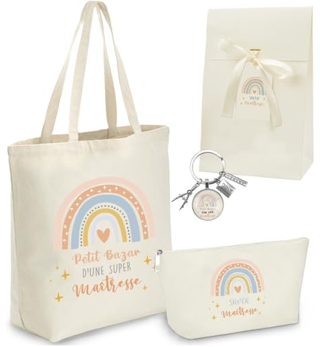 YYSWSAKY Maitresse Arc En Ciel Tote Bag avec Trousse Toilette, Porte Clef, Petite Pochette, Cadeau Maitresse D'École Fin D'année, Merci Maîtresse Sac Tissu pour Anniversaires, Retraite, Noël
