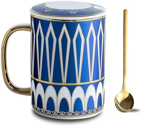 Taza Taza de Café de Cerámica de 350ML, creativa taza de café pintada en oro, taza multifuncional for café, leche, jugo de Moca Con asas(Blu)