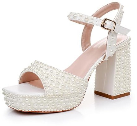 BAIRUNDA Sandalias De Tacón Grueso para Mujer con Plataformar, con Perlas Tiras En El Tobillo Punta Cuadrada Abierta Suela Gruesa Zapatos De Novia Cómodos Zapatos De Vestir Beige,38 EU
