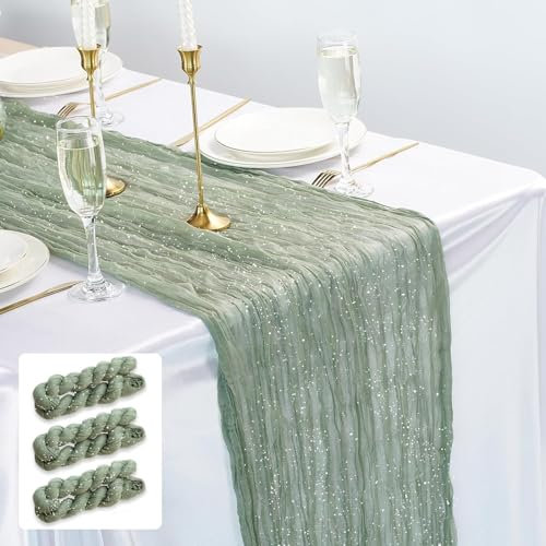 3 Stück Schimmer Seihtuch Tischläufer Salbeigrün,90 x 300 cm Grün Käsetuch Tischläufer Rustikaler Gaze Stoff Boho Cheesecloth Tischläufer für Hochzeitsfeier Brautparty Tischdekoration