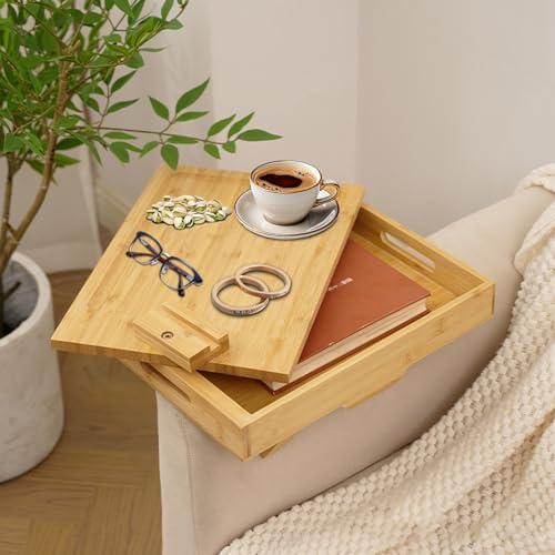 Bandeja para reposabrazos para sofá, flexible, madera de bambú, soporte para bebidas, reposabrazos de dos pisos, mesa de sofá con mesa giratoria de 360° y soporte para teléfono móvil para aperitivos