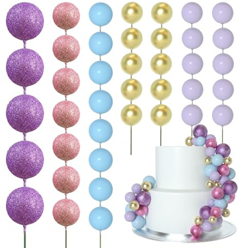 SEGXN 50pcs Foam Ball Cake Toppers (Purple, Pink, Light Blue, Gold), Mini Balloon Cake Decorations for Birthday, Wedding, Cupcake DIY Supplies