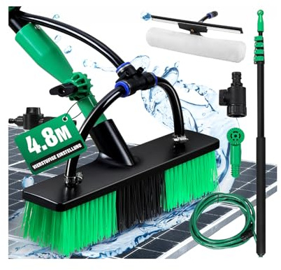 Fiqops Cepillo de lavado telescópico, 4,8 m con mango telescópico, aluminio, cepillo telescópico con conexión de agua, limpieza de techo y ventanas, cepillo telescópico con cerdas suaves, dispensador