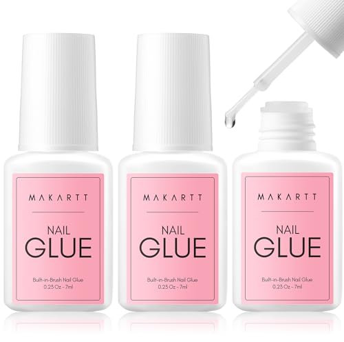 Makartt Nail Glue Extra Strong with Brush, 5s Dries Quickly, 3PCS Acrylic False Nail Glue For Nail Tips or Broken Nails, Long Lasting Nail Adhesive Glue for Fake Nails, No Nail Lamp Needed, (3 * 7ml)