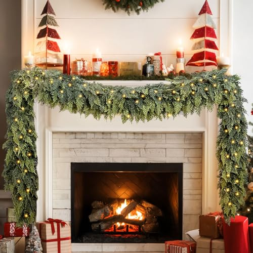 9FT Artificial Cedar Christmas Garland with 120 LED Lights - Real Touch Winter Pine Garland, Green Artificial Greenery Garland for Table, Mantle, Wall, Indoor, Outdoor Christmas Decorations