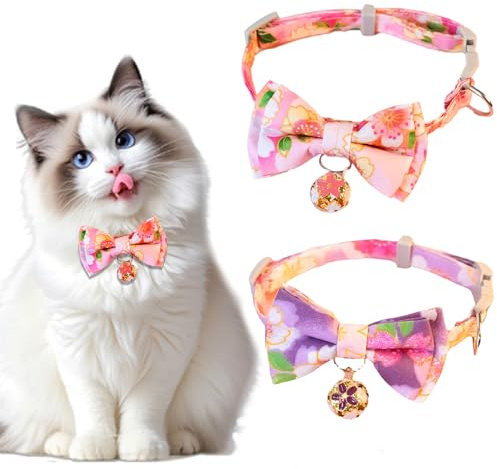 FOSDICK 2 Stück Katzenhalsband mit Glocke, Halsband Katze, Leichtes Katzen Halsband, Katzenhalsband mit Sicherheitsverschluss, Katzenhalsbänder Einstellbare Größe 16-32cm, Blumendruck