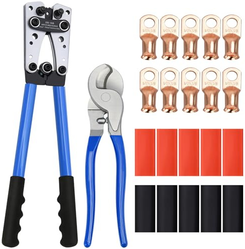 Hievil Cable Lug Crimping Tool Set, with 10pcs 1/0 AWG-3/8 Battery Lugs and 10pcs 3:1 Heat Shrink Tubing