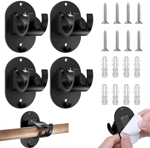 4-Piece No Drill Curtain Hooks Curtain Rod Holder Command Curtain Rod Hooks Brackets with Fixing Screws and Non-Marking Stickers Suitable for Bathrooms, Bedrooms, and Kitchens (Black)