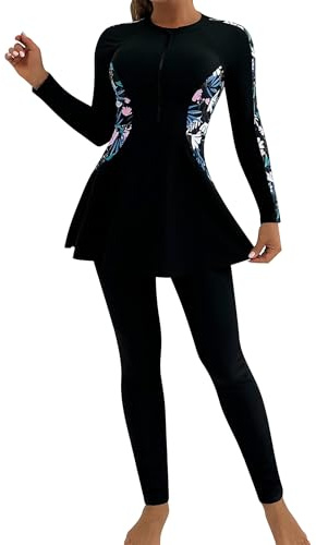 Odizli Modest Swimwear Women Muslim Islamic Full Body Long Sleeve Floral Zipper Top + Pants Burkini Swimming Costume