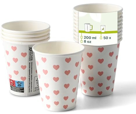 GREENBOX Pappbecher mit Hearts Druck 50 Stück 200 ml / 8 oz, Ø 80 mm, weiß - Kaffeebecher take away - PE Beschichtung - Einwegbecher für heiße und kalte Getränke, Trinkbecher, Coffee to go Becher