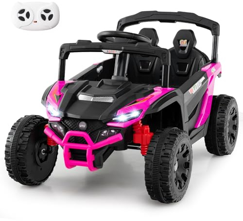 GOPLUS Elbil för barn, elfordon 12 V, UTV-lastbil med musik, horn, strålkastare och fjärrkontroll, barnfordon med ratt och pedal, barnbil för barn från 3 år (rosa)