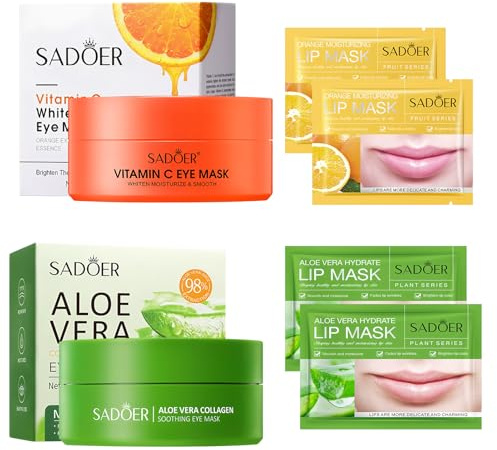 124 Piezas Parches de Ojos de Aloe Vera y Parches Labiales, Vitamina C Mascara para Los Ojos y Mascarilla Labial, Anti Edad, Anti Edad para Ojeras, para Eliminación Bolsas, Hinchazón