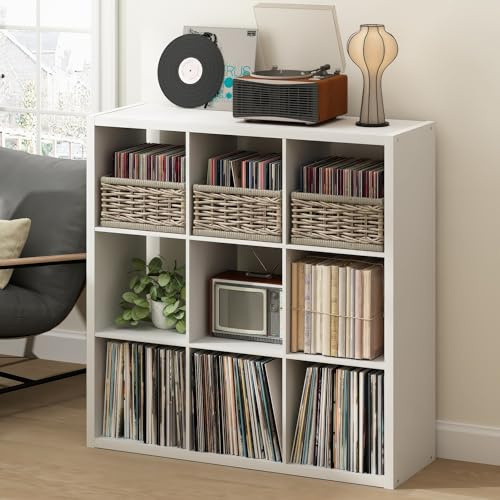 Furinno CUBICLE Mobile per Giradischi con Raccoglitore per Vinili, 9-Cube 1.2 Extra Spesso Raccoglitore per Dischi in Vinile, Scaffale Multimediale Aperto sul Retro per CD DVD Dischi, Bianco