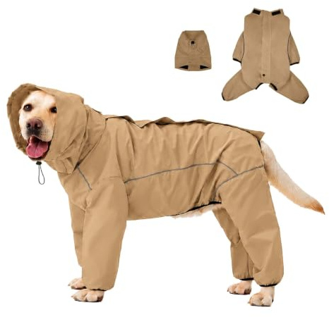 Hunde-Regenmantel, wasserdichte Hunde-Regenjacke mit abnehmbarer Kapuze, verstellbarer 4-Beine-Haustier-Poncho mit Leinenloch, reflektierende Streifen, Kapuzen-Schneeschutz, winddichte Kleidung für