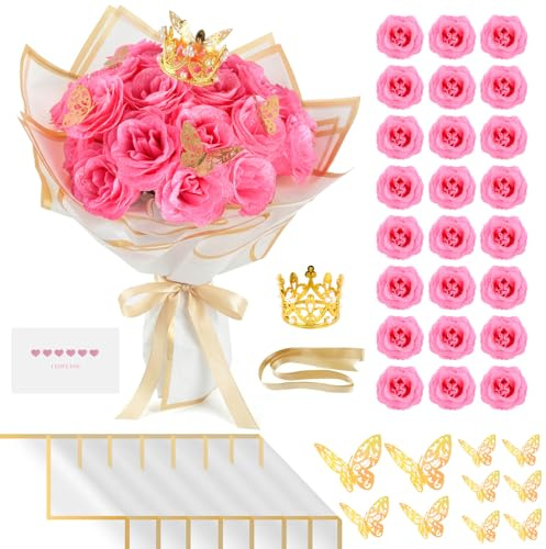 Ecofocet 24 Piezas Ramo de Rosas con Purpurina, Ramo de Rosas Artificiales, Ramos de Purpurina Falsa con Corona y Papel de Regalo para Bodas/Aniversarios/Compromisos/Cumpleaños/Día de la Madre