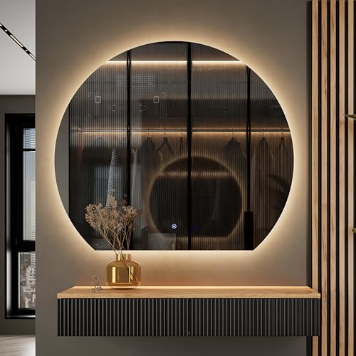 Planetmöbel Aube Spiegel mit Beleuchtung halbrund Bogenspiegel | Spiegel mit LED-Licht, Dekorativer Wandspiegel gerade Unterkante, Dimm-Funktion, 4200k neutralweißes Licht, 100 x 90 cm