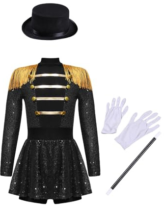 Kaerm Disfraz de director de circo para niños y niñas, vestido de baile, manga larga, vestido de ballet con sombrero, guantes, varita mágica, cascanueces, uniforme, traje de baile, color negro, 146