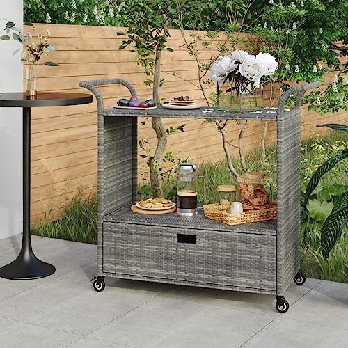 Genérico Carrito de Bar con cajón ratán sintético Gris 100x45x97 cm, Carros de Cocina y Comedor Gris,316664