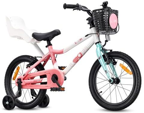 Sun Baby Barncykel 16 Tum LOOFI, Cykel för barn - Flicka 4-6 År, Max 50 kg - lätt 6,9 kg, aluminiumram, med dockstol, stödhjul, korg, ringklocka, klistermärken - Vit-Rosa-Mint