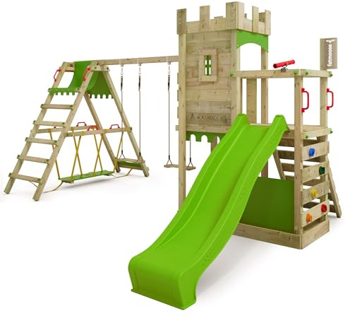 FATMOOSE Spielturm Ritterburg BoldBaron Boost XXL mit SurfSwing, Schaukel & Rutsche, Outdoor Kinder Kletterturm mit Sandkasten Leiter & Spiel-Zubehör für den Garten (apfelgrün)