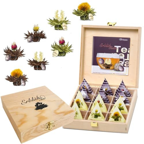 Creano Fleur de Thé Coffret Cadeau dans une Boîte à Thé en Bois | 12 Thés Fleuris dans 8 Sortes (Thé blanc et Thé noir)