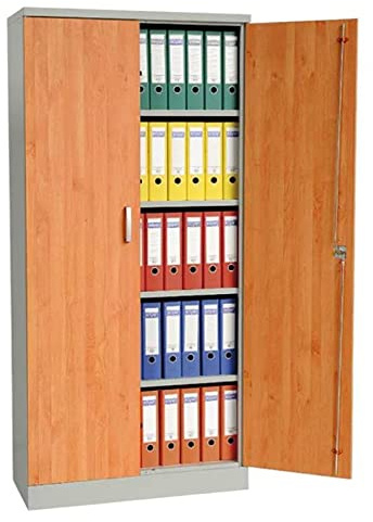 Aktenschrank Stahlschrank Büroschrank mit Dekor-Flügeltüren in Holzoptik, 195x92x42cm, Grau/Erle