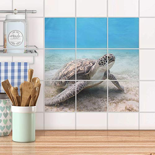 Fliesensticker für Bad und Küche I Fliesen-Aufkleber Folie wiederablösbar I Fliesen verschönern - Fliesendekor für Bad- und Küchenfliesen I Design: Green Sea Turtle
