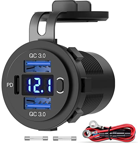 (3USB 66W) PD USB C Steckdose 12V Auto: USB-Buchse Einbau Dose Wasserdicht 12 Volt DC Adapter KFZ Stecker mit Schalter LED Voltmeter USBC Anschluss für iPhone Wohnmobil Motorrad Boot LKW Wohnwagen